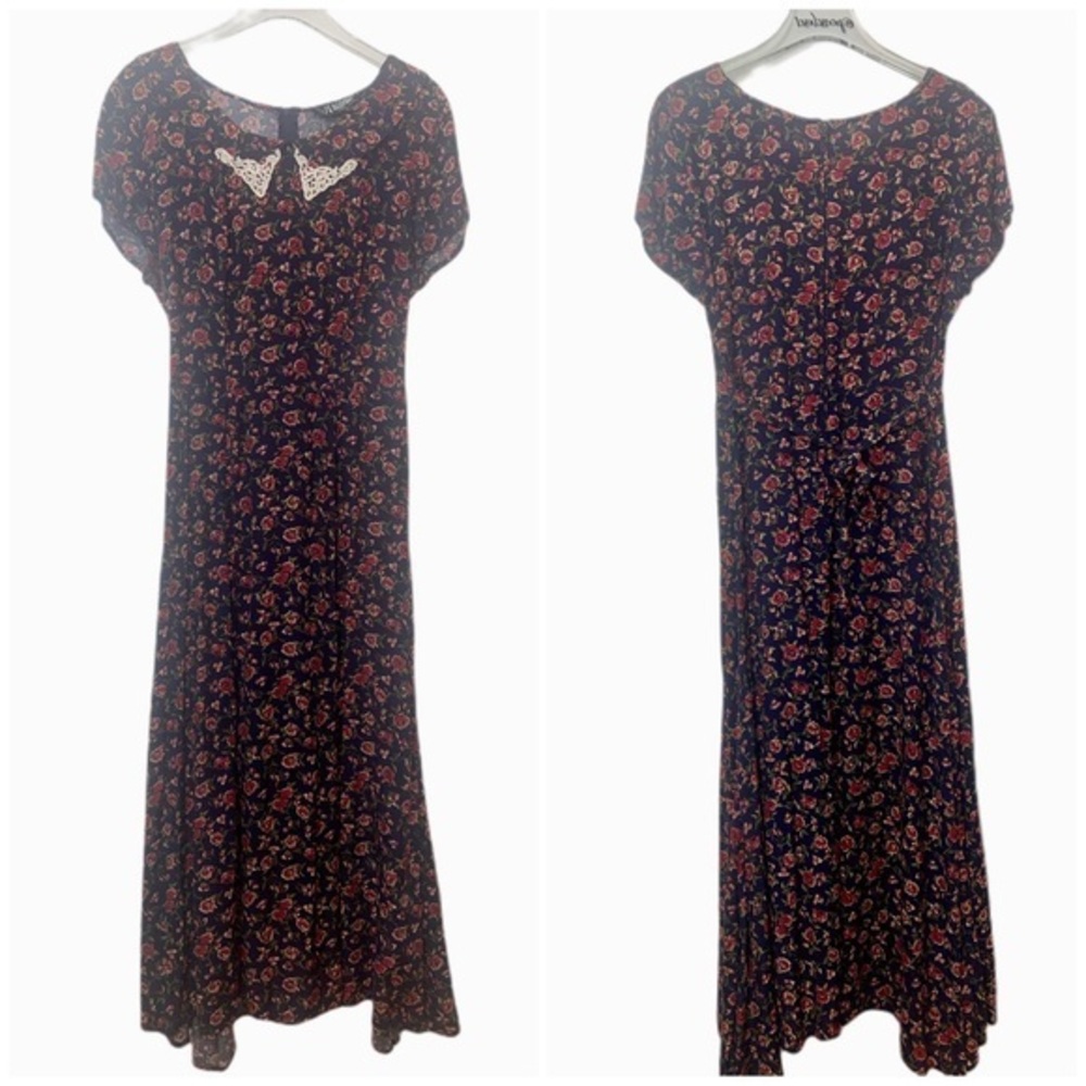 Vintage 90’s Cottage Core Blue Floral Short Sleeve Prairie Spring Maxi Dress